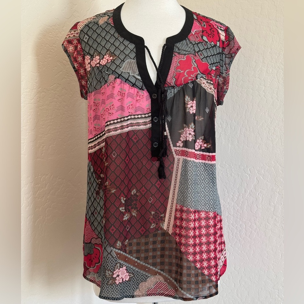 DR2 Sheer Multi-Print Blouse, M